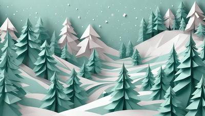 The primary subject of the image is a snowy mountain landscape with a forest of trees. The setting is a wintery environment with snow covering the ground and trees. The visual style is a combination of digital art and illustration, creating a realistic and detailed representation of the scene. The colors and mood are predominantly blue and white, giving the image a serene and tranquil atmosphere.
